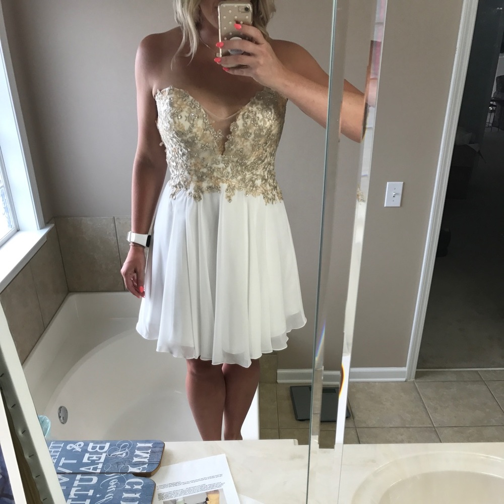 Ivory and gold strapless dress